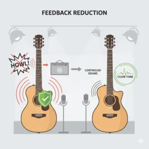 Illustration demonstrating how the thinner body of a thinline acoustic guitar reduces resonant feedback during live performances.