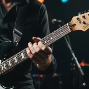 Dynamic shot of a skilled guitarist's left hand flying across the fretboard during a complex, fast-paced solo, showcasing an agile guitar playing style.