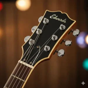 4 - A detailed photo of the edwards guitar headstock with the distinctive logo, emphasizing the brand's vintage aesthetic.