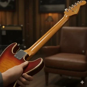 Side view of the smooth, comfortable maple neck profile of an austin electric guitar, showing fretboard access.