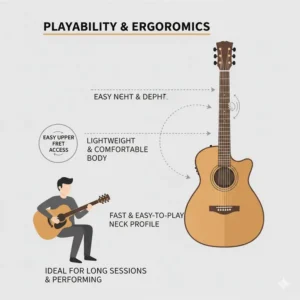 A graphic highlighting the ergonomic curves and lightweight design of a thinline acoustic guitar for comfortable playing.