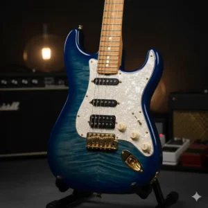 Custom stratocaster with HSH (Humbucker-Single-Humbucker) pickup configuration for increased tonal versatility.