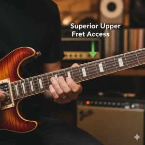 Hand demonstrating easy reach and playability on the highest frets of a double cut guitar neck.