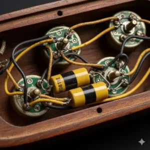 Illustration 3: Interior view of original cloth-covered wiring and bumblebee capacitors inside a vintage electric guitar control cavity.