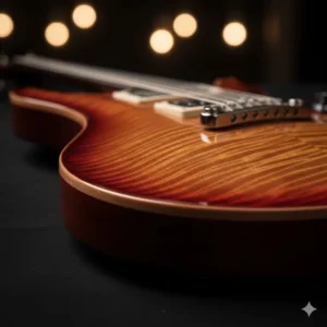 Side angle of a prs guitar showcasing the deep body carve and premium flame maple top.