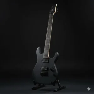A high-quality image of a sleek, dark Agile 8-string guitar on a stand, showcasing the extended-range neck and sophisticated hardware.