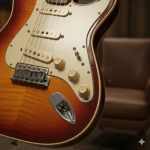 The control section of the austin electric guitar body, featuring volume and tone knobs and the pickup selector switch.