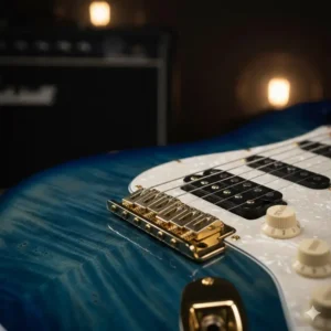 A chrome locking tremolo bridge installed on a custom stratocaster for enhanced tuning stability and dive-bomb effects.