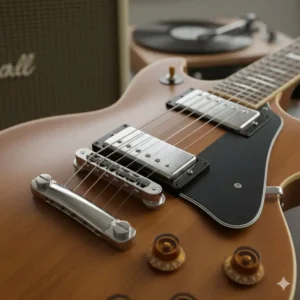 Detailed shot of the humbucker pickups and control knobs on a mahogany double cut guitar.