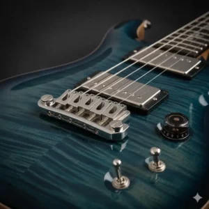 Close-up of the patented molded tremolo bridge and hardware on a solid body prs guitar.