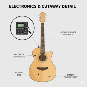 Detailed illustration of the cutaway design and onboard preamp controls on a modern thinline acoustic guitar.