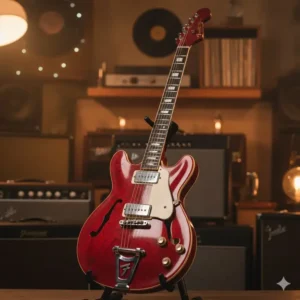 A full shot of a rare vintage Fender Coronado guitar II electric guitar in a striking Wildwood or translucent red finish.