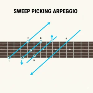 A clear, instructional diagram showing the directional arrows for an efficient sweep-picking arpeggio, a technique essential for the agile guitar style.