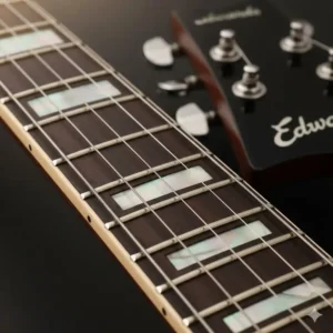 6 - Close-up of the mother-of-pearl inlays on the fretboard of a premium edwards guitar model, demonstrating the detailed finish quality.