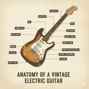 Illustration 5: A labeled diagram illustrating the bridge, pickups, and hardware components of a classic vintage electric guitar.