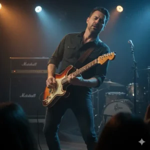 A musician on stage passionately playing an austin electric guitar, demonstrating its live performance capabilities.