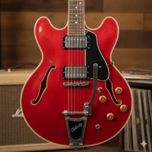 A vintage-style semi-hollow double cut guitar with an F-hole, showing a different body construction.