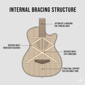 Technical diagram showing the internal X-bracing specifically optimized for a thinline acoustic guitar body.