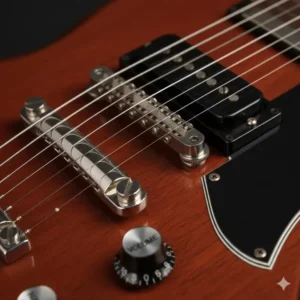 Illustration 5: A professional look at the vintage lightning bar wraparound bridge installed on an sg jr guitar.