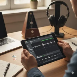 A musician reviewing a recorded practice session on a tablet while an analog metronome is visible in the background, symbolizing the feedback loop of agile guitar learning.