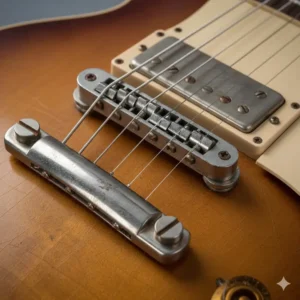 Illustration 6: Aged nickel bridge and tailpiece showing natural patina on a 60-year-old vintage electric guitar.