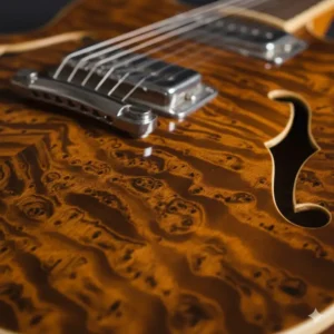 Detail showing the unique, naturally patterned Wildwood finish applied to the body of a Fender Coronado guitar.
