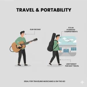 Illustration of a thinline acoustic guitar fitting easily into a slim gig bag, emphasizing its portability for traveling musicians.