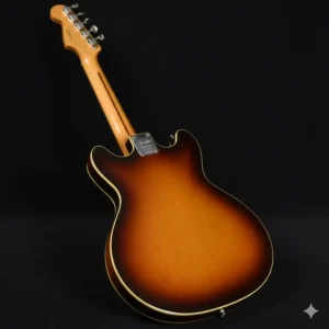 Rear view of the Fender Coronado guitar showing the bolt-on neck plate and the back of its thin, semi-hollow body construction.