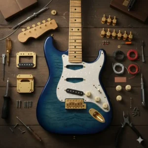A collection of high-quality components and parts used to build a bespoke custom stratocaster from scratch.
