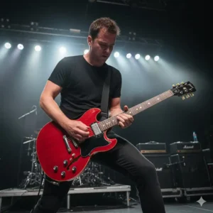 Guitarist performing live, holding and playing a vibrant red double cut guitar on stage.