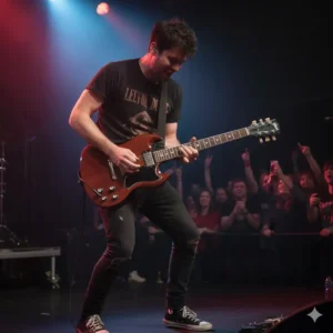 Illustration 7: An energetic lifestyle shot of a rock musician playing an sg jr guitar during a live concert.