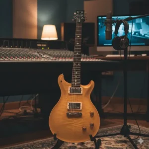 A prs guitar McCarty 594 model resting on a stand in a professional recording studio.