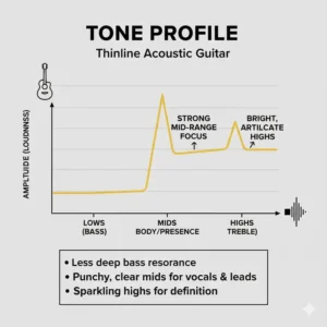 A visual frequency response chart showing the bright, mid-range focused sound profile of a thinline acoustic guitar.