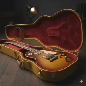 Illustration 7: A vintage electric guitar lying inside an original 1950s yellow tweed hard-shell case with plush red lining.