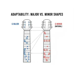 A visual comparison of two similar fretboard patterns—one major and one minor—to illustrate the quick, agile guitar adaptability needed to change keys mid-performance.