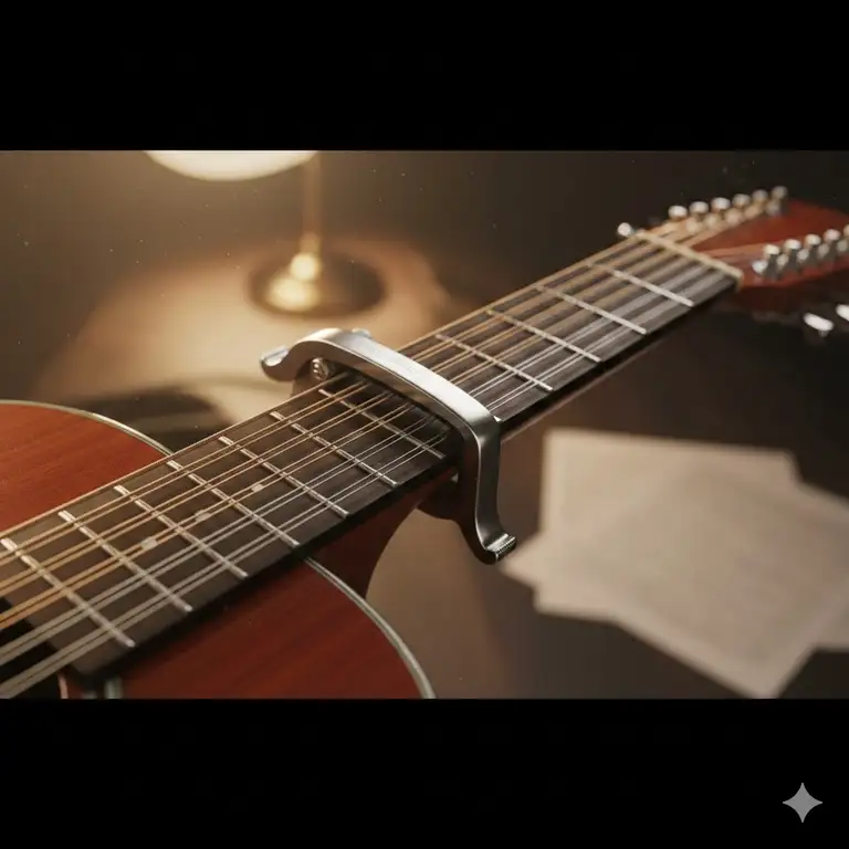 A professional acoustic guitar with the best capo for 12 string guitar attached to the neck.