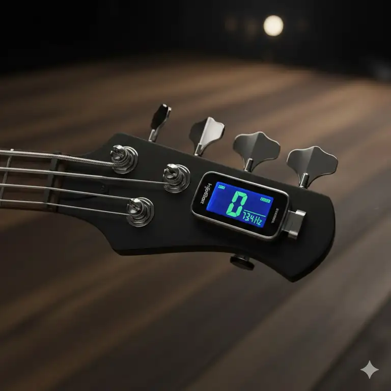 A professional close-up of a high-quality drop d bass tuner installed on a bass guitar headstock.