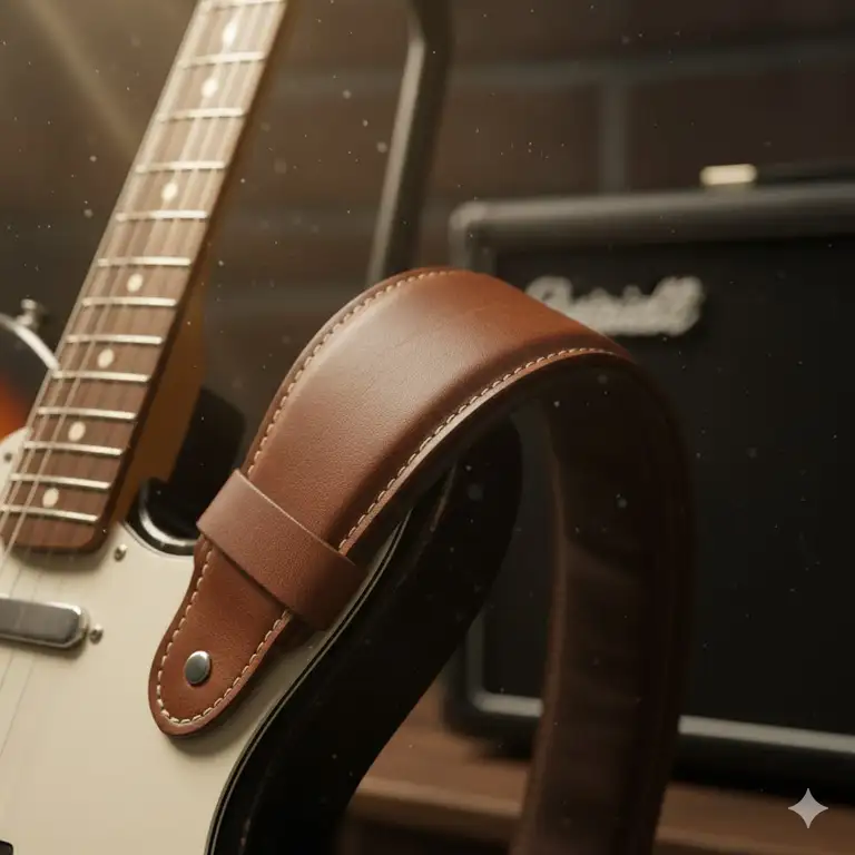 A premium padded leather 3 inch guitar strap attached to an electric guitar for ergonomic support.