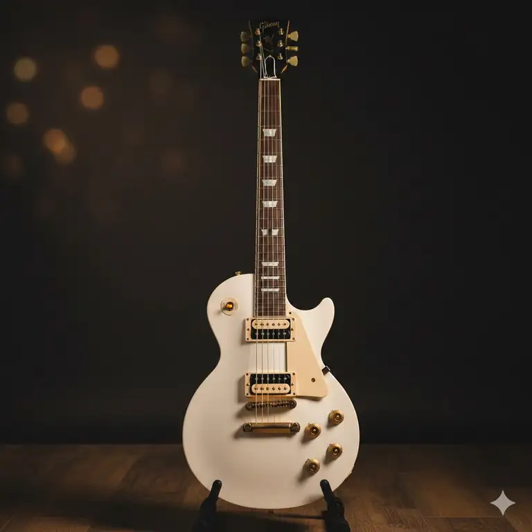 A professional full body shot of a white les paul guitar on a wooden floor with gold hardware.
