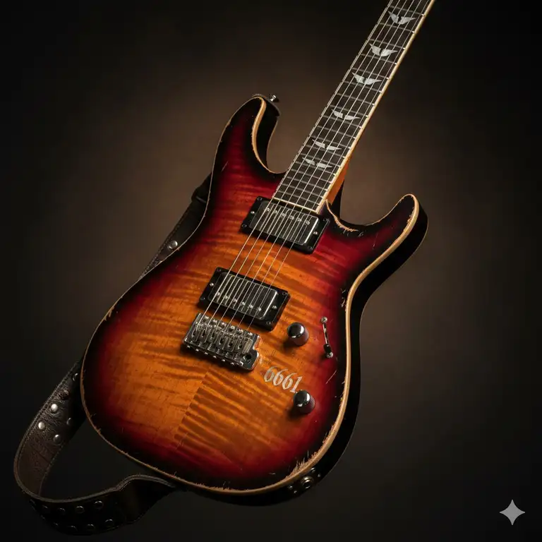 A professional hero shot of the Schecter S-1 6661 zacky vengeance guitar in aged cherry burst.