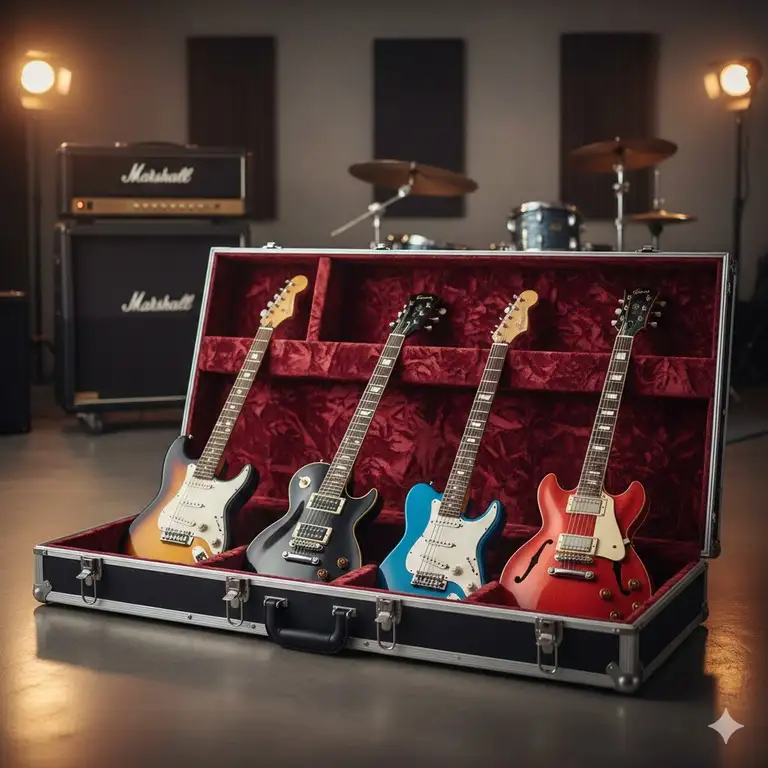 A premium multi guitar case holding several electric guitars in a professional studio setting.