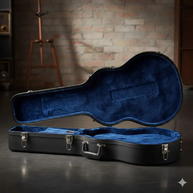 A premium hardshell 12 string guitar case with a black exterior and secure latches.