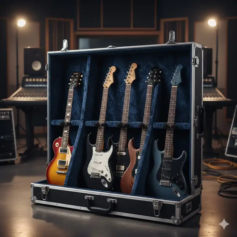 A heavy-duty premium guitar vault case holding multiple electric guitars in a professional studio setting.