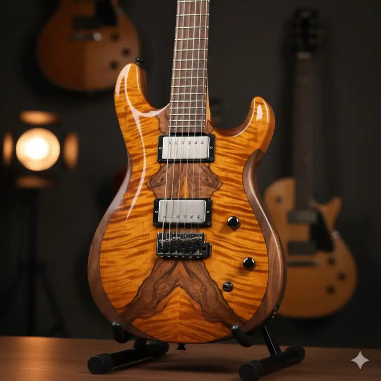 A premium electric guitar featuring a professional neck through guitar construction with beautiful wood grains.