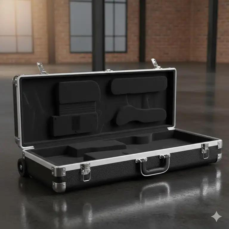 A professional heavy-duty bass guitar flight case with a hardshell exterior and custom-molded foam.