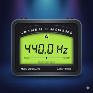 A chromatic interface of a guitar tuner frequency display cycling through various musical notes.