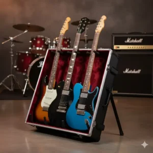 A compact multi guitar case that unfolds into a sturdy floor stand for three instruments.