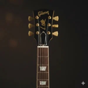 Close-up of the headstock and tuning pegs of a premium white les paul guitar.