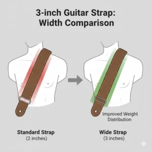 Illustration comparing a standard strap to a wide 3 inch guitar strap showing better weight distribution.