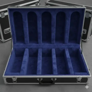 Interior view of a guitar vault case showing padded dividers for a 6-guitar storage capacity.